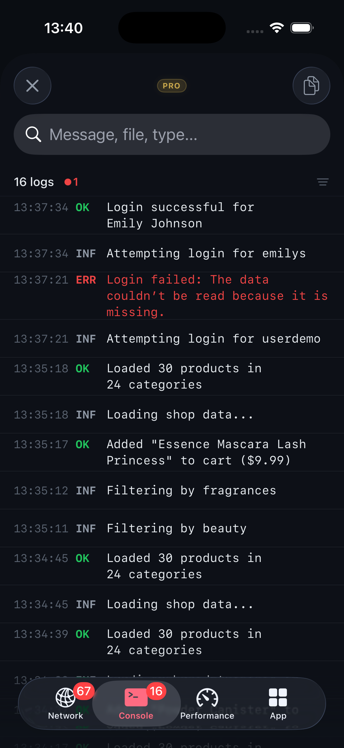 Console — terminal-style logs