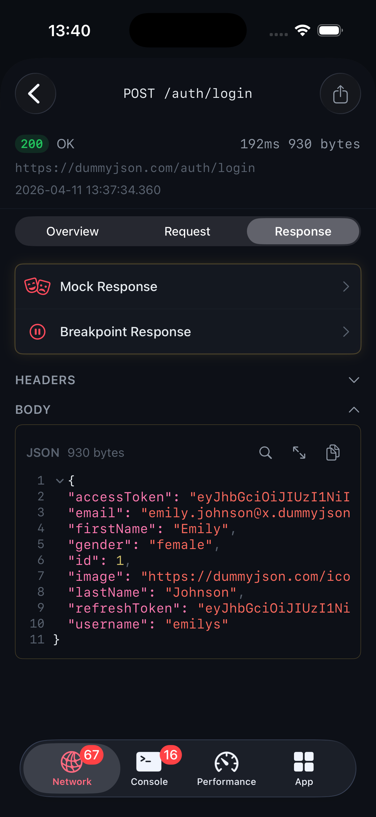 Response tab with JSON body