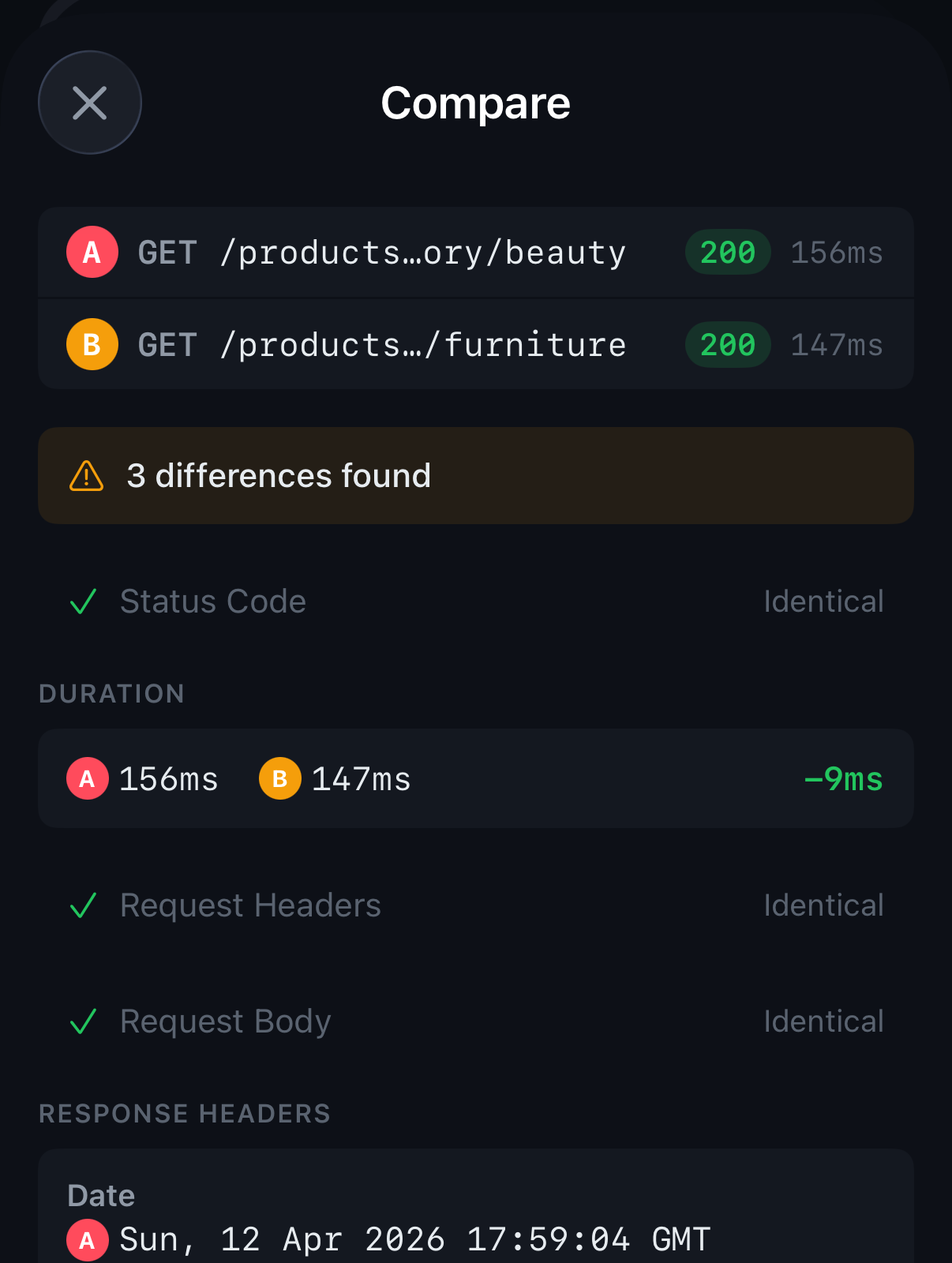 Request diff side-by-side comparison
